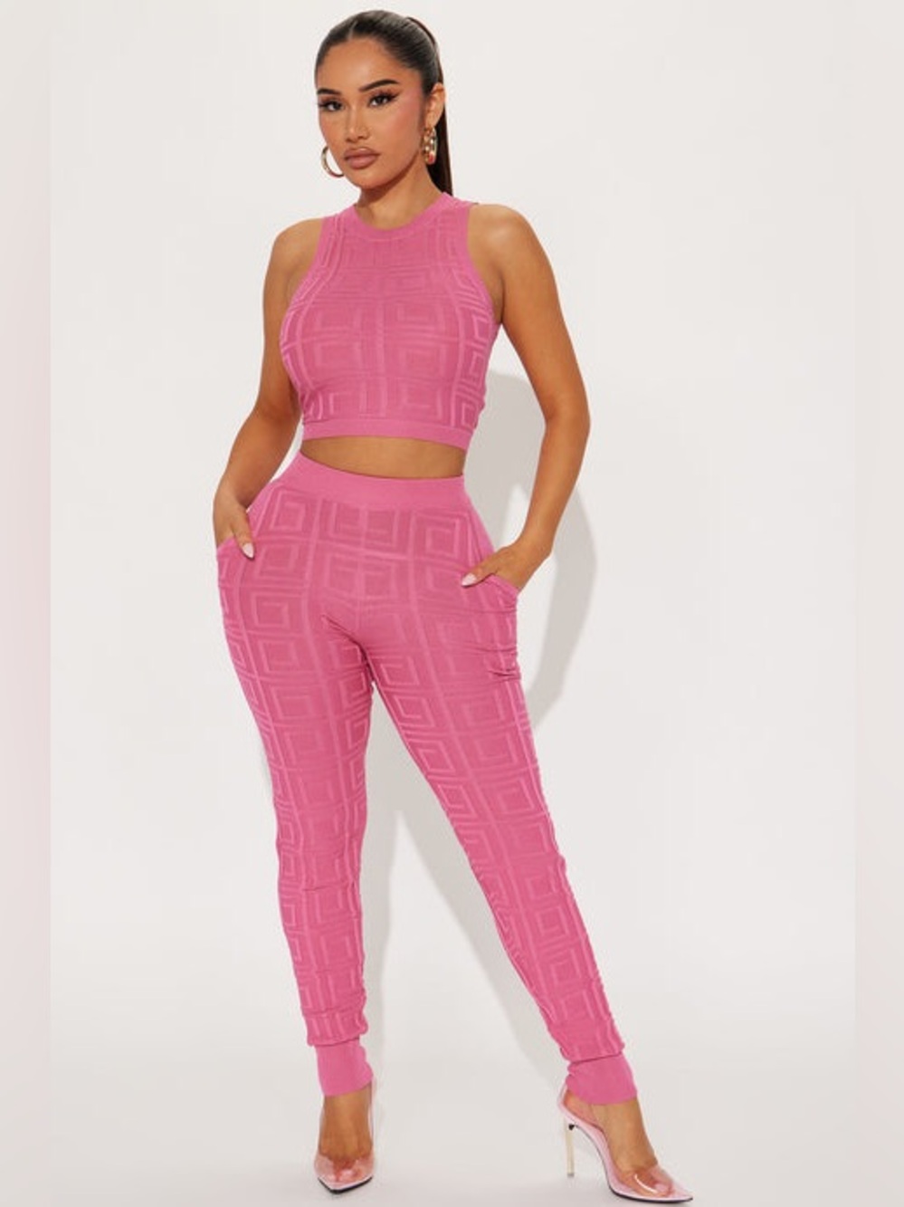 Fashion Nova Textured Sleeveless Crop Top & Jogger Set - Pink - Picture 1 of 3